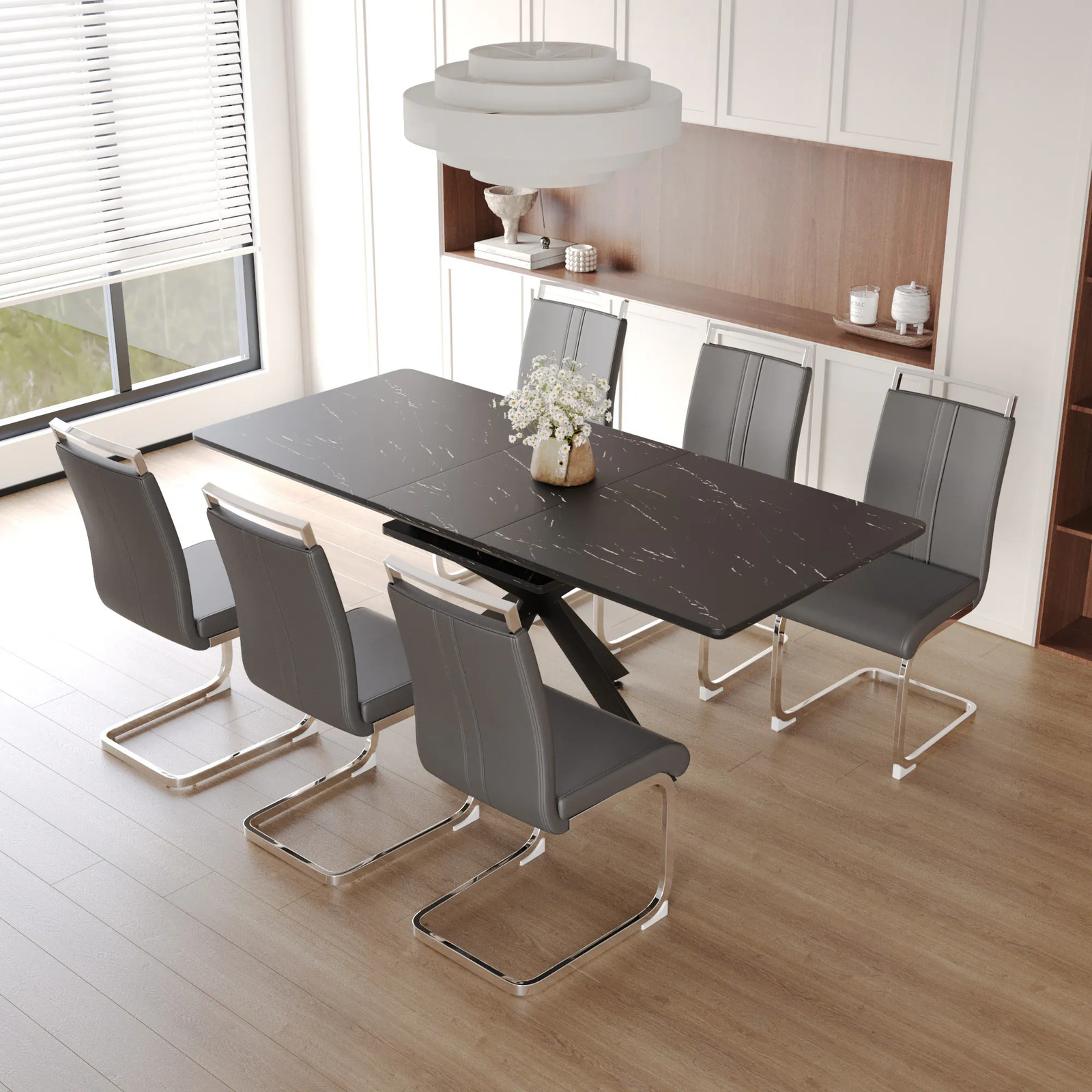 62.4" extendable 78.15" dining Table Set for 6-8 Person for Dining Room,C-shaped Tube Soft padded armless dining chair and Very large Dining Room Table Kitchen Table Chair Set with metal Legs