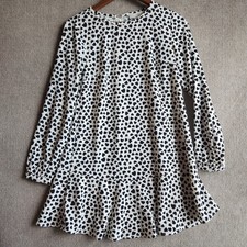 LOFT Black White Heart Print Long Sleeve Flounce Swing Mini Dress Casual XS
