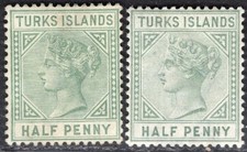 TURKS ISLANDS 1882/95 STAMP Sc. # 48 AND 51 DIE A/B MH