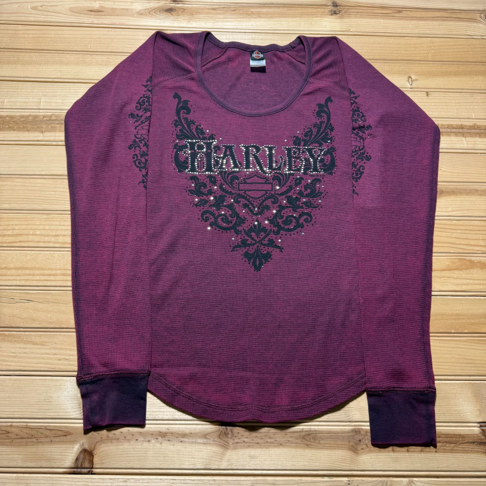 Y2K Harley-Davidson Rhinestone Knit Thermal Biker Graphic Long Sleeve Shirt - XL