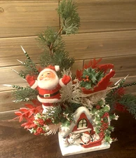 Vintage Ceramic Santa Sleigh & Reindeer Planter Centerpiece Mercury Spikes