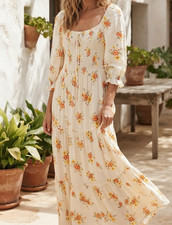Faithfull The Brand Velma Floral Mini Dress Cream Orange Cottagecore sz 6 Boho