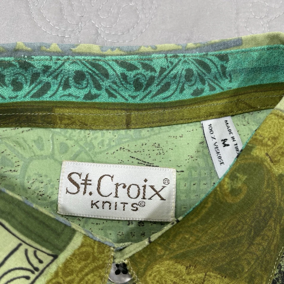 Camisa St Croix Tejida Botón Para Hombre Mediana Verde Paisley Geométrica Viscosa Parche Foto 3 de 4