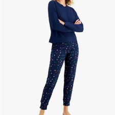 Jenni Long Sleeve Waffle Pajama Top and Jogger Set Navy Size X-Large