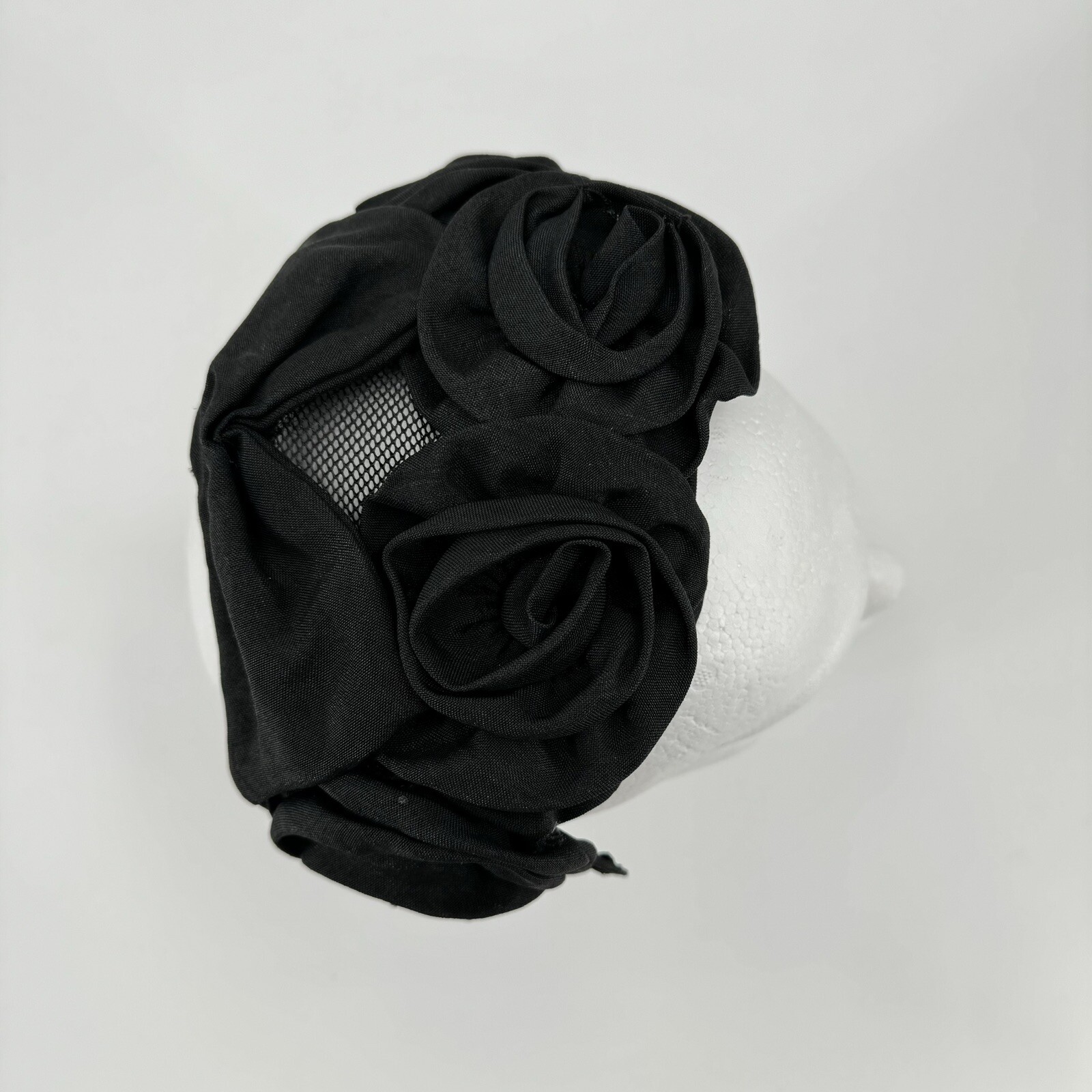 Black Fascinator Fabric Rosettes Over Mesh Form VTG Headwear