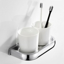 Polished Chrome Bathroom Wall Mounted Toothbrush Holder W/ 2 Ceramic Cups QD1708