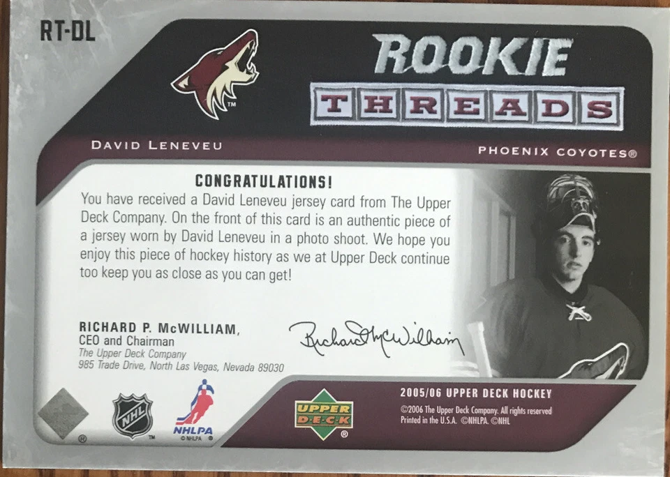 2005-06 Upper Deck Rookie Threads David Leneveu RT-DL Phoenix Coyotes - Image 2 of 2