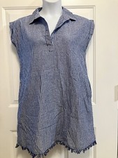 Harper Heritage Chambray Denim Dress Women's Medium Blue Striped Shift Fringe