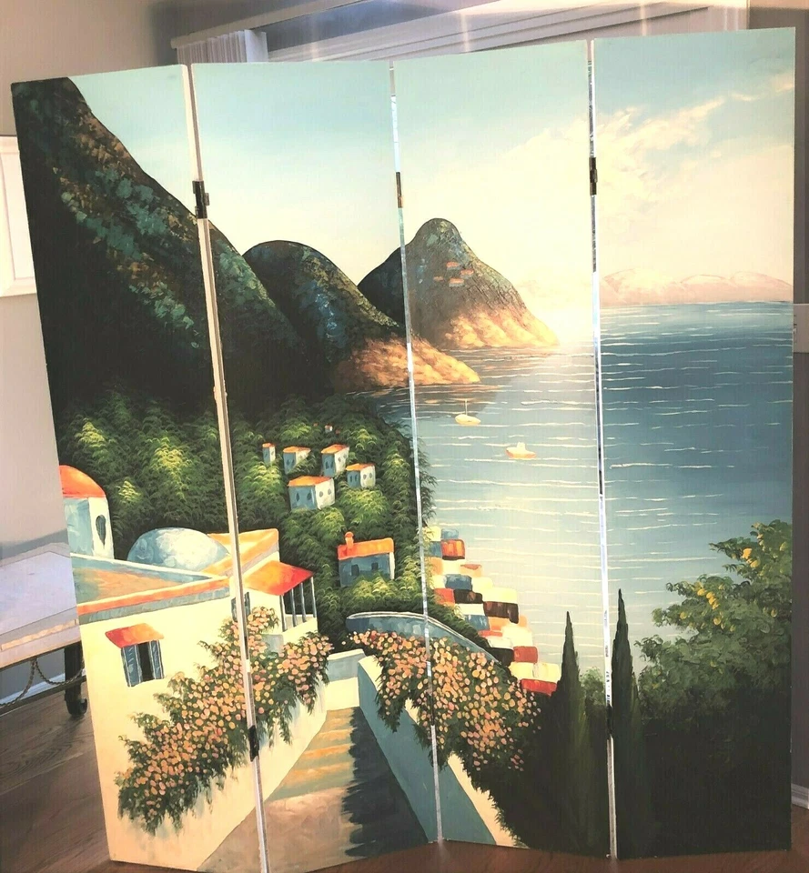 Escena Mediterránea en 4 paneles madera pintada a mano divisores Foto 2 de 4