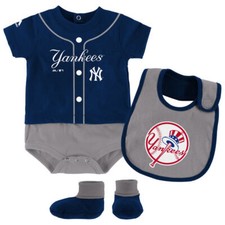 New York Yankees 3pc Creeper, Bib, Booties Set Infant Baby Bodysuit Navy