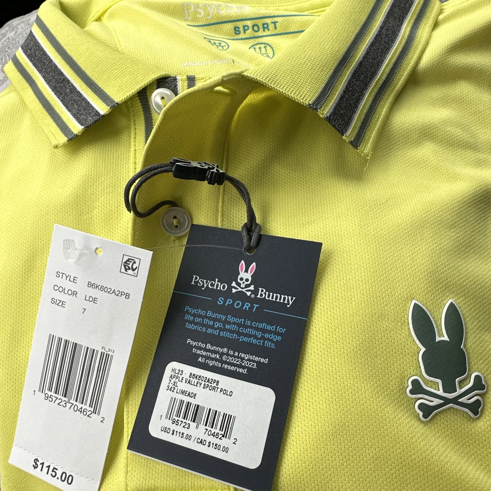 NWT-2025-PSYCHO BUNNY MEN'S NEW 100% PIMA COTTON POLO SIZE 7 XLG-yellow -sport