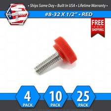  8-32 x 1/2" Thumb Screw Stainless Steel - Red Round Knurled Knob - USA