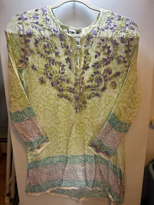 Raj NWT Embroidered Tunic Cotton India Blouse Shirt Cover up Purple Green Teal S
