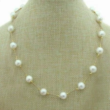 NEW AAAA ROUND 8-9MM AKOYA WHITE PEARL STATION NECKLACE 18" 14K GOLD CLASP