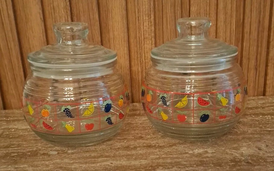Vintage Clear Glass Cannisters (2) Flowers and Fruit Indonesia 5" High 