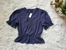 Women's Banana Republic Blouse Size XS Navy Blue Puff Sleeve Cinched Waist NEW