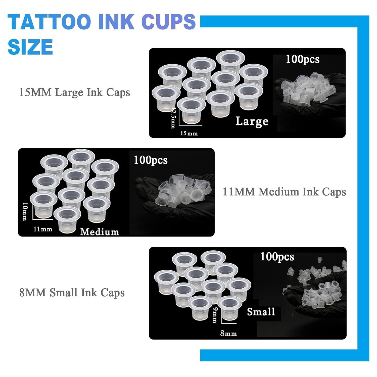 303Pcs Tattoo Ink Caps Kit - 3Pcs Black Tattoo Ink Cups Holder with 300Pcs Ta...