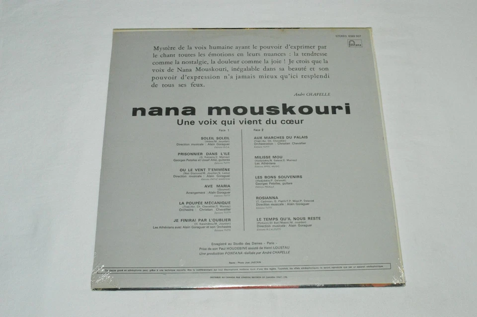 NANA MOUSKOURI Une Voix Que Vient Du Coeur LP 1972 NEW SEALED Vintage Pop Canada - Image 2 of 2