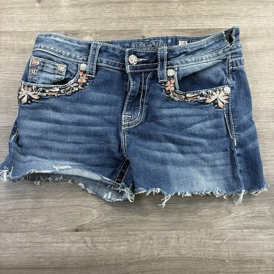 Miss Me Womens Size 28 Denim Shorts Blue Cut Off Rhinestone Studded **Cut Waist*