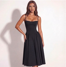 Almond Muse Sweetheart Spaghetti Strap Tea Length Midi Dress Black Pockets M