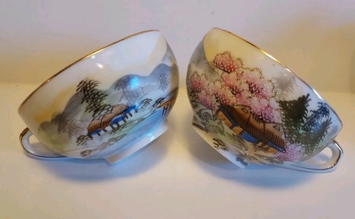 Vintage Kutani Hand Painted Geisha Lithophane Tea Cup Made In Japan Set 2 - Picture 2 of 24