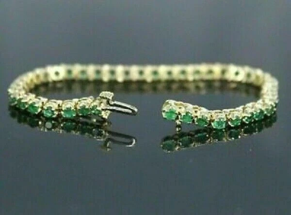 Pulseira de tênis 7,00 ct corte redondo verde esmeralda acabamento ouro amarelo 14k 7 polegadas - Imagem 2 de 4