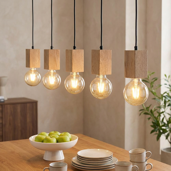Pendelleuchte Esszimmerlampe HäNgeleuchte Holz Led 5 Flammig HöHenverstellbar-image