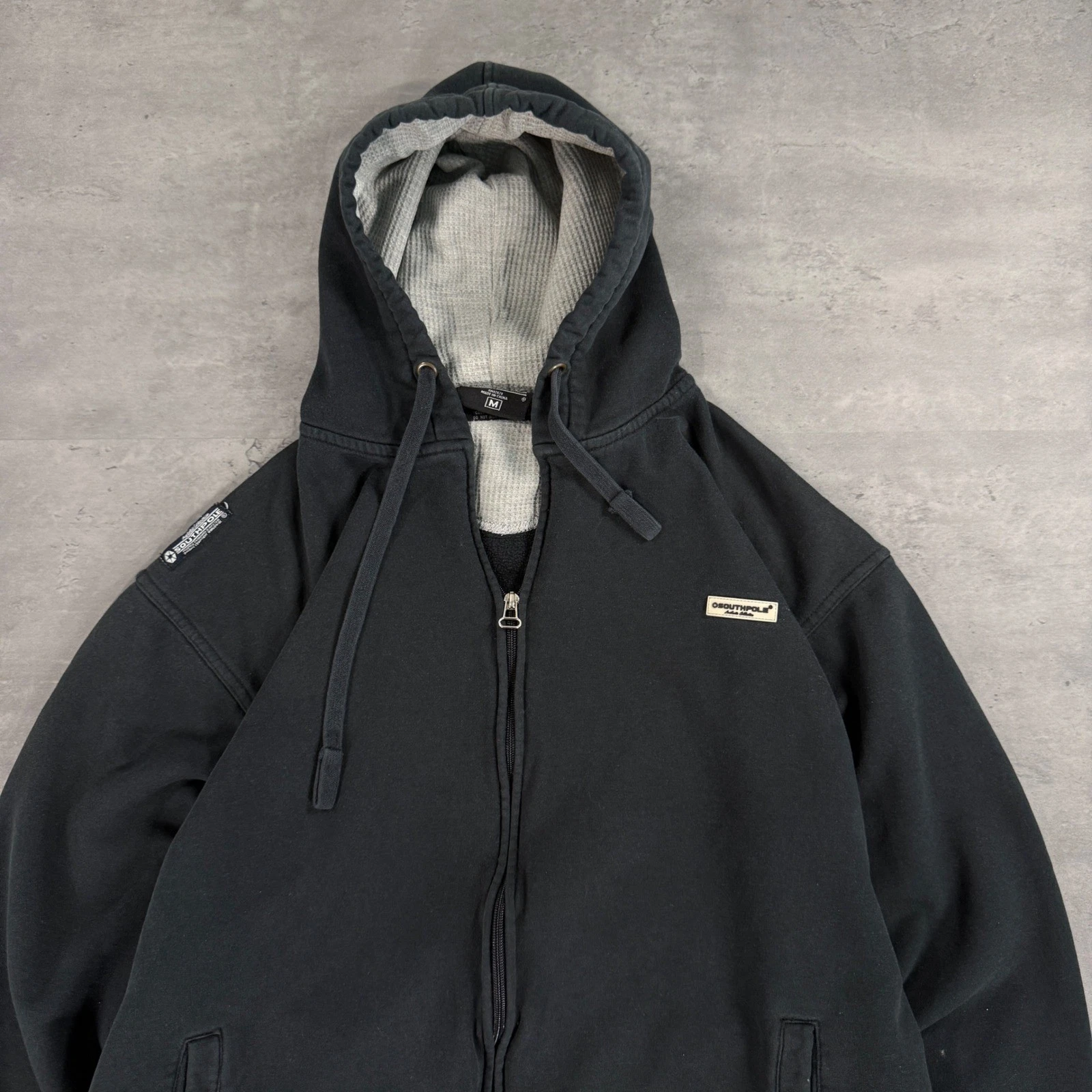 Southpole Zip Hoodie Mens M Black Thermal Waffle Knit Line Streetwear Y2K Fleece