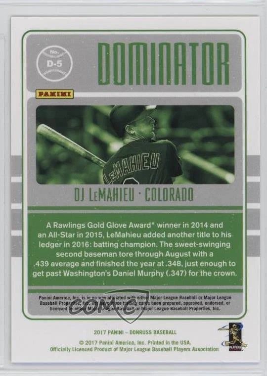 2017 Panini Donruss Dominators Gold /99 DJ LeMahieu #D-5 - Image 2 of 2