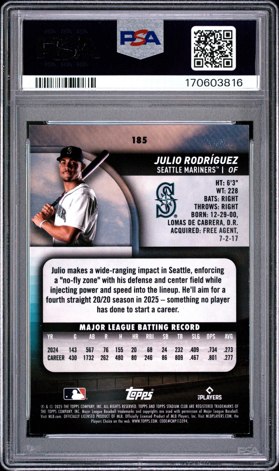 2025 Topps Stadium Club JULIO RODRIGUEZ TURQUOISE #185 PSA 6 EX-MT view 2