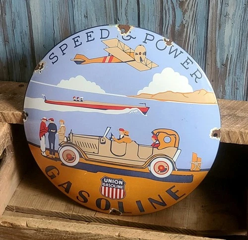 Vintage Union Gasoline Porcelain Metal Domed Pump Plate Sign - Car Airplane Boat