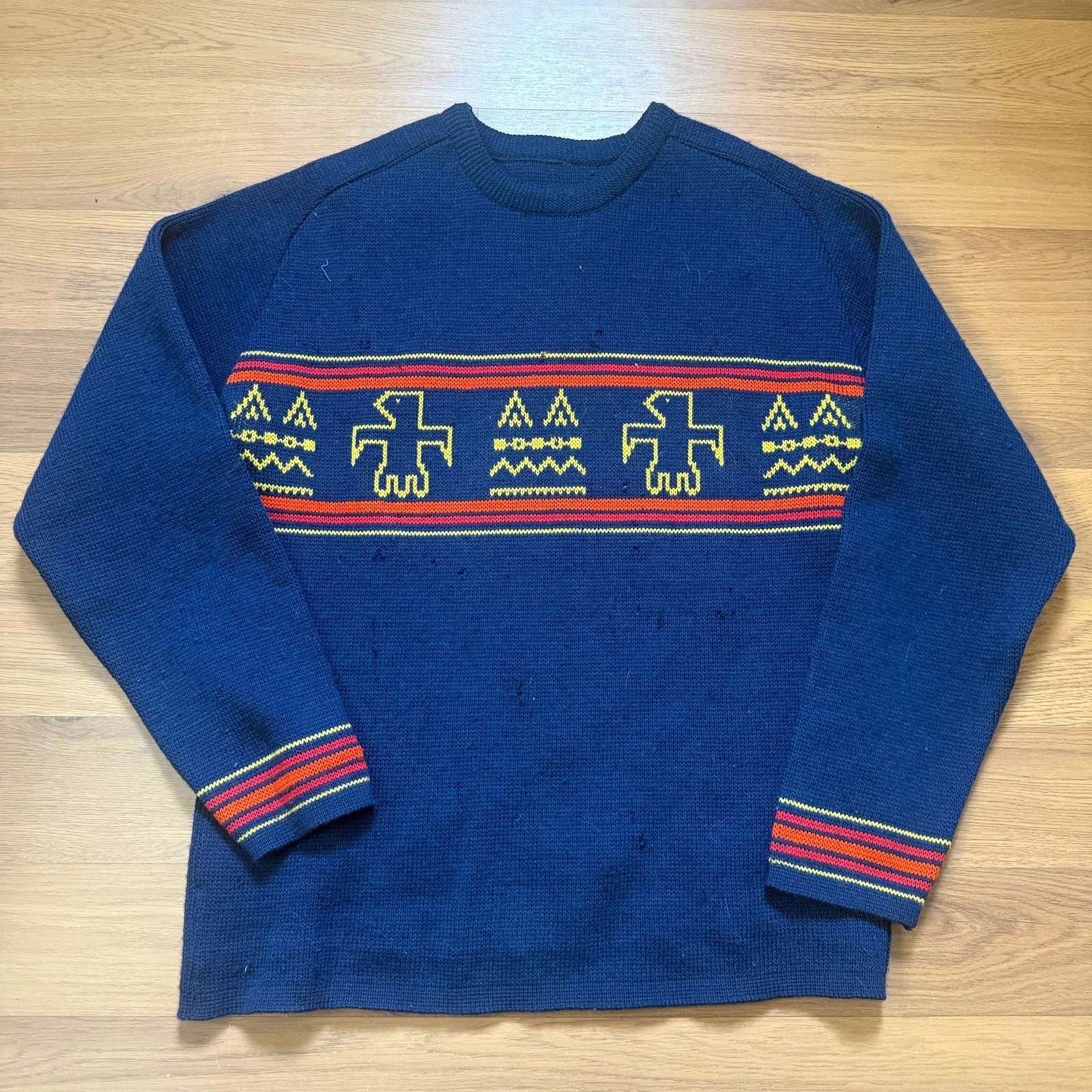 Men's Vintage 80's Navy Blue Southwestern Wool Knit Crewneck Pullover Sweater M