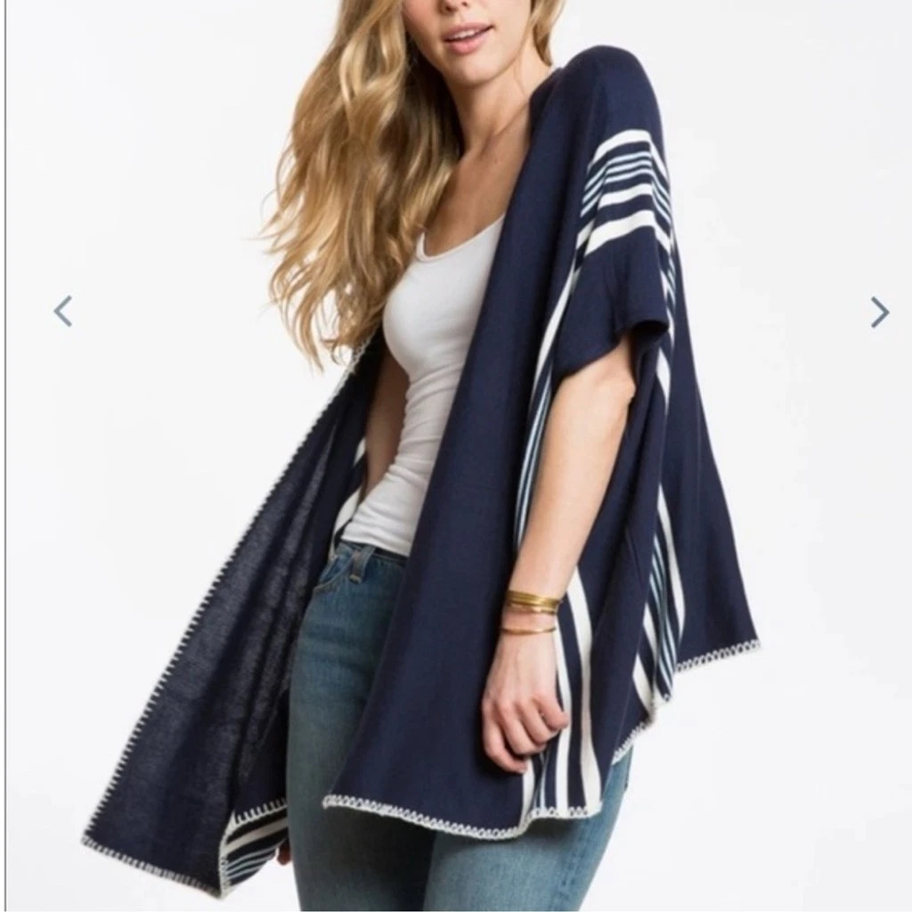 Marine Layer Cameron Poncho Knit Short Sleeves Navy Blue White Stripe One Size
