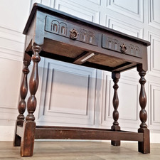 Antique Oak Console Table - Two Drawer - Jacobean Revival Hall Lamp - Vintage