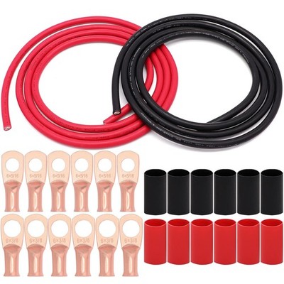 6 AWG Battery Power Cable Kit OFC Copper Wire Red/Black w Lugs Heat Shrink