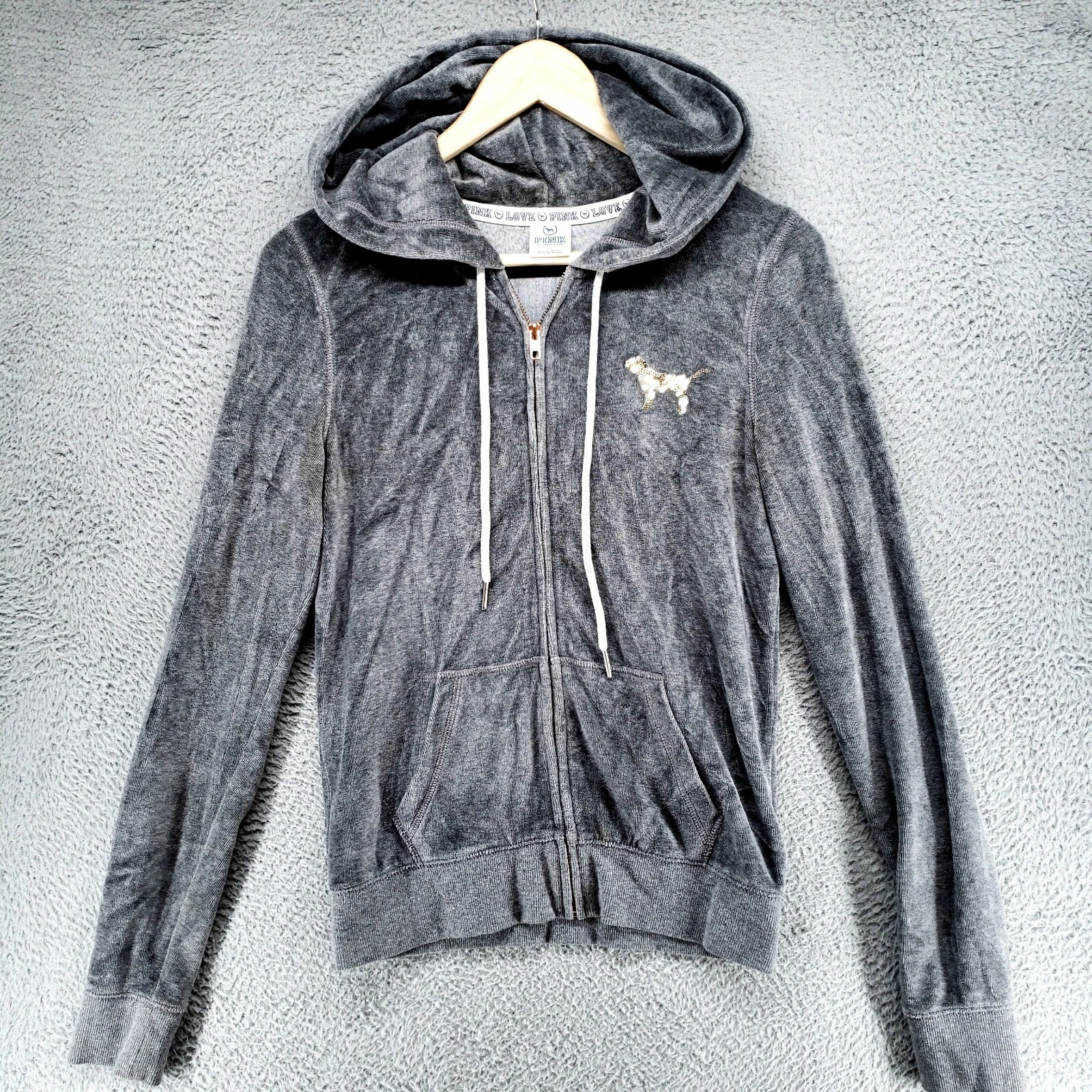 UNDERCOVER Felpa con cappuccio Victoria Secret vintage Love rosa paillettes con cane donna XS grigia morbida