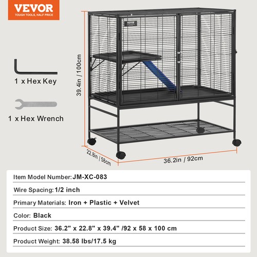 VEVOR 39" Metal Small Animal Cage 2-Tier Rolling Ferret Cage with Tray A Ramp - Picture 7 of 12
