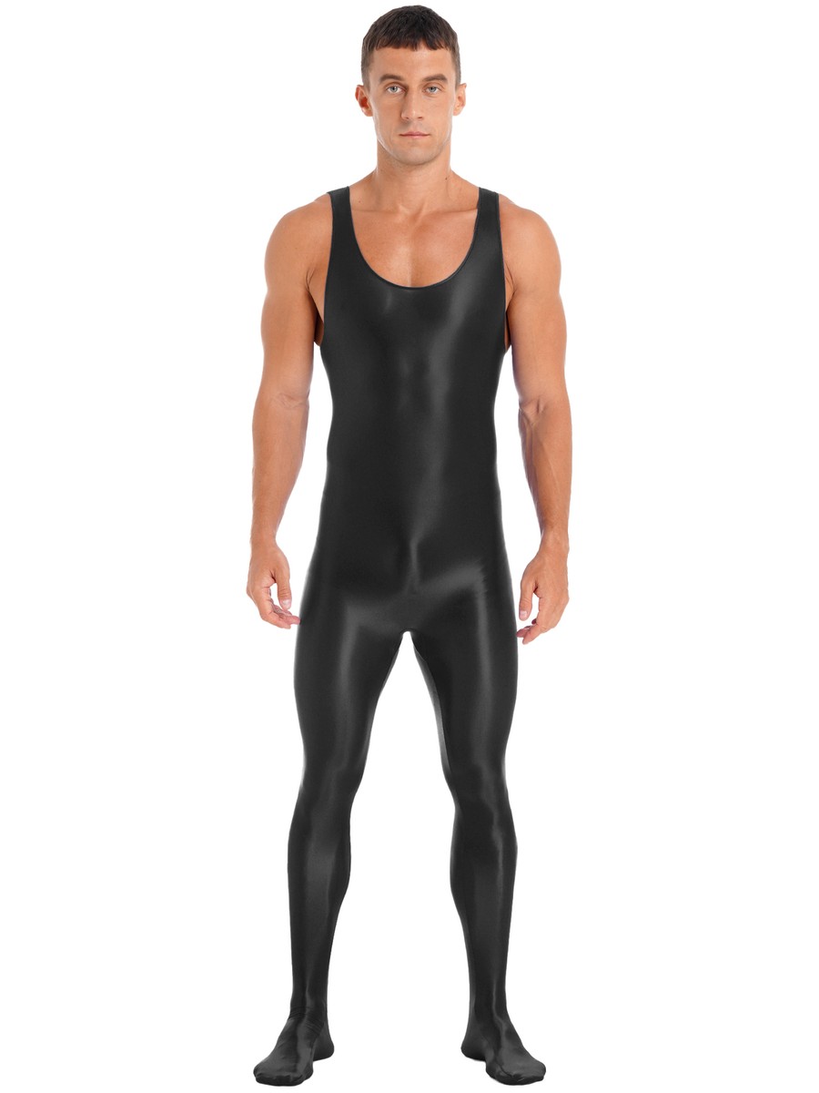 Men's Oil Shiny Sleeveless Full Body Tight Jumpsuit Unitards Club Dance Costume