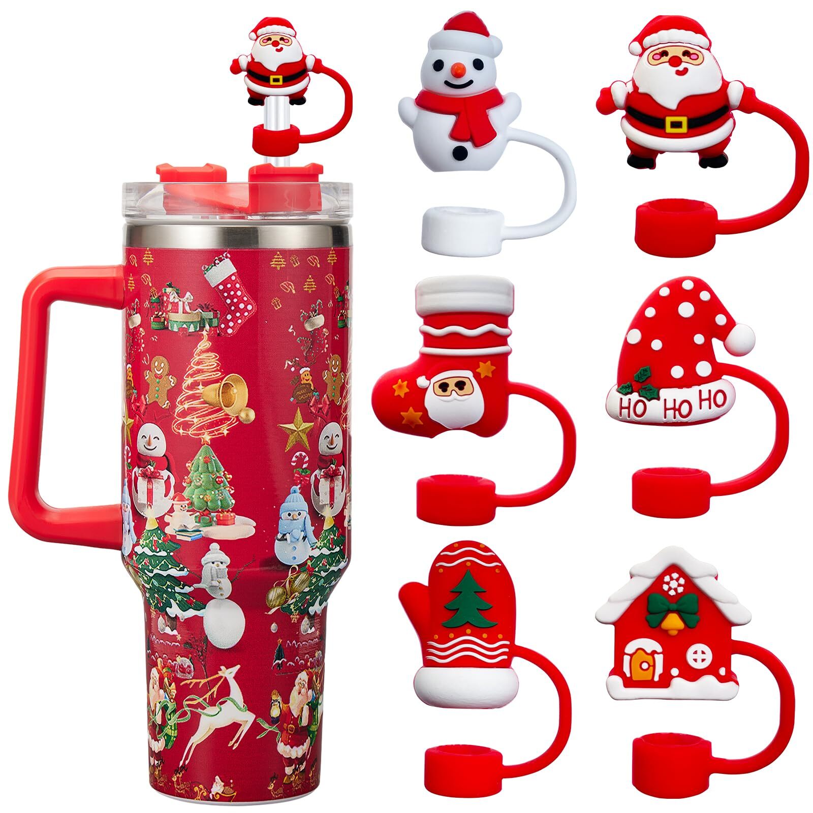 6PCS Christmas Stanley Cup Silicone Straw Covers Holiday Toppers  