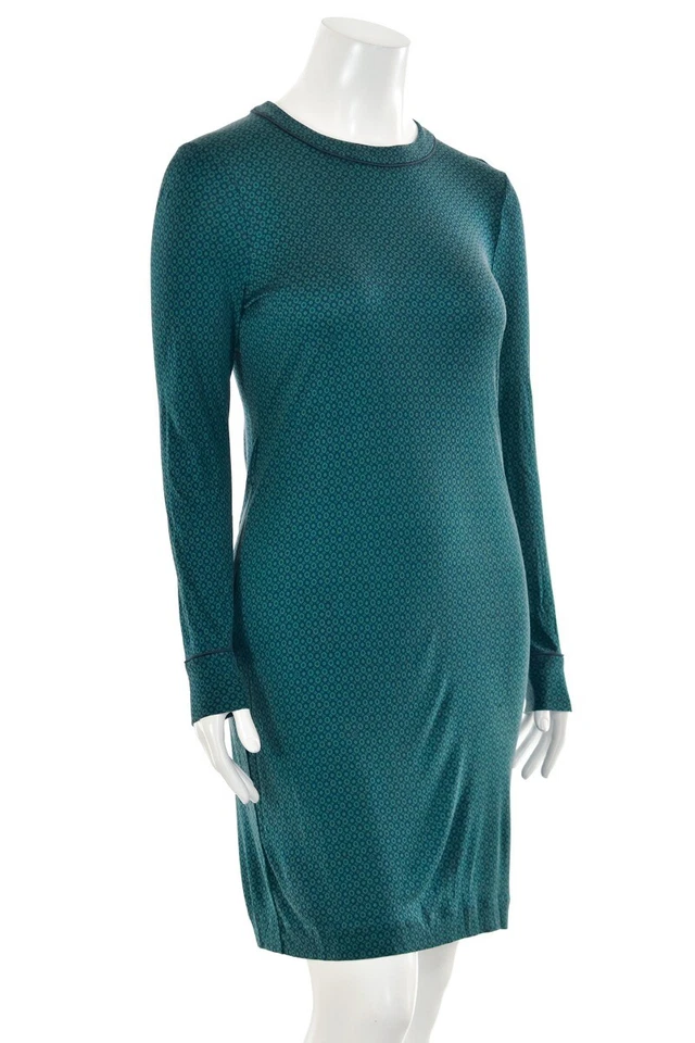 Tory Burch Long Sleeve Silk Jersey Sheath Dress in Navy/Green Print sz L - Image 4 of 4