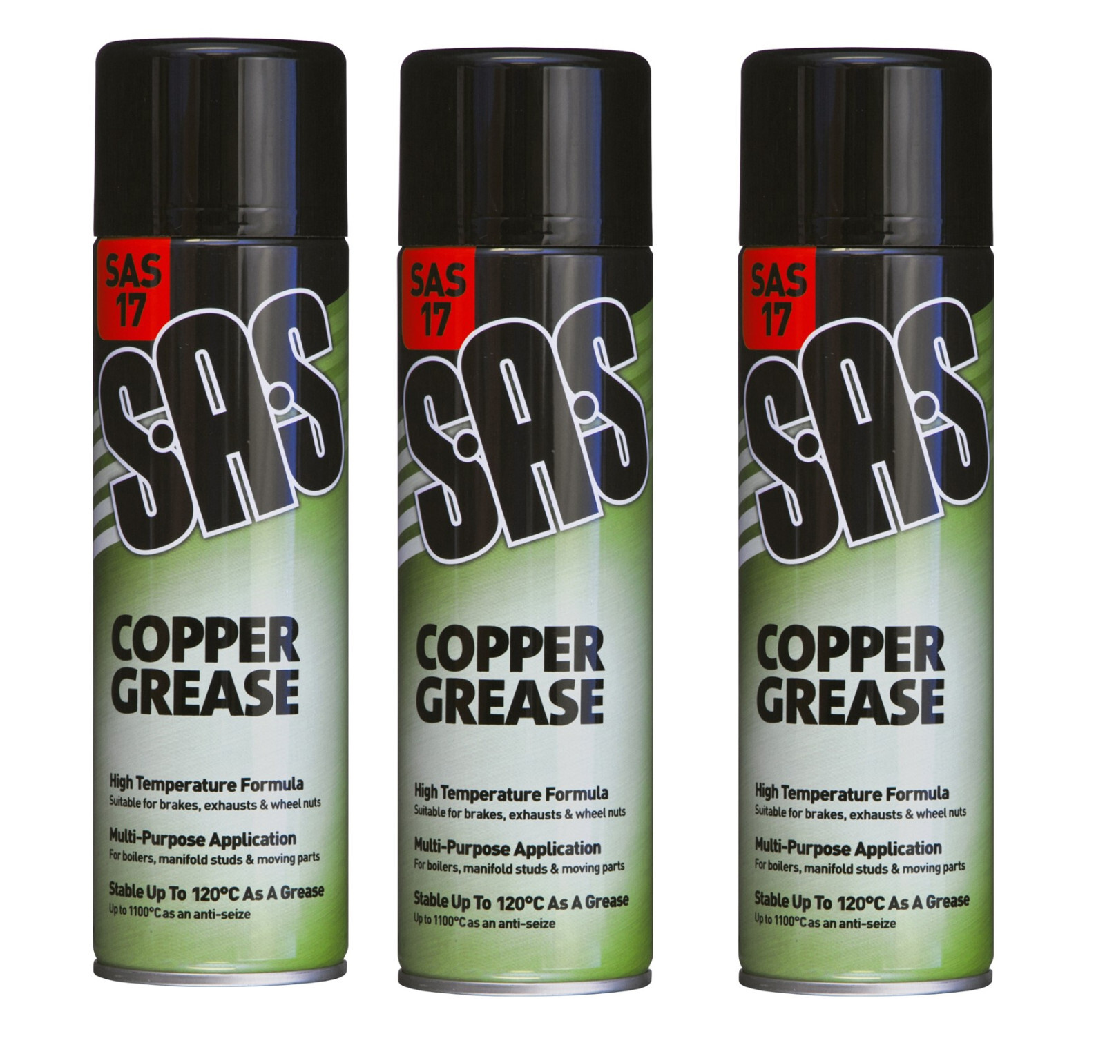 3 x SAS Copper Grease Spray Lubrication Aerosol 500ml High Temperature SAS17
