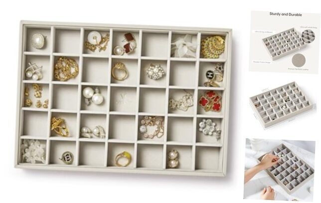 Stackable Grey Jewelry Tray Organizer with 35 Gird Drawer Display-image