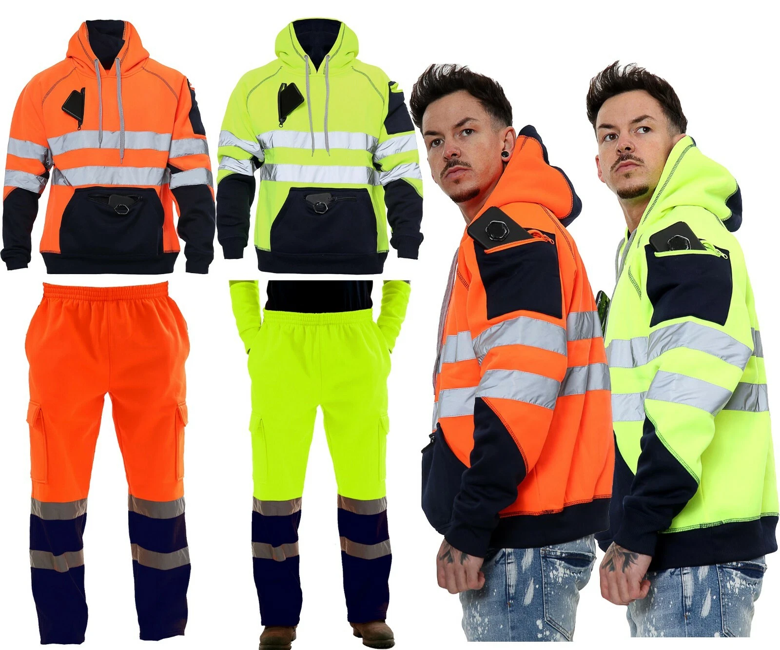 New Men's Hi Viz 3 Zips Pullover Patched Fleece Sweatshirt Work Hoodie Jacket