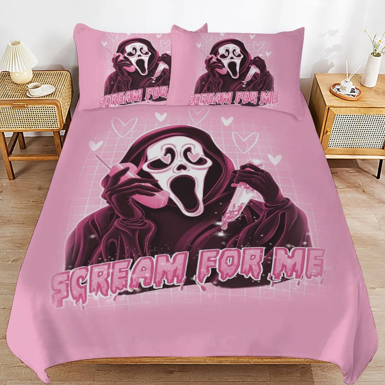 Ghostface Calling Scream For Me Happy Valentine's Day Pink Themed Bedding Set