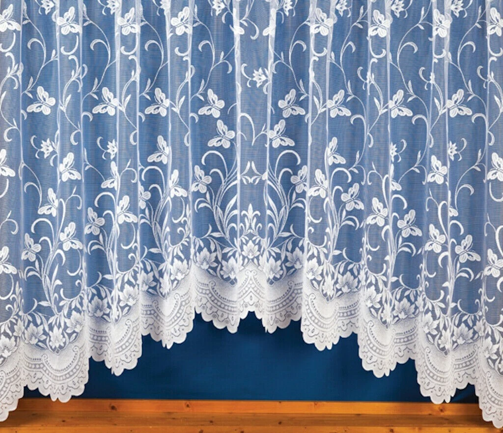 SPRING BUTTERFLY FLORAL WHITE NET CURTAIN JARDINIERES BEAUTIFUL SCALLOPED HEM