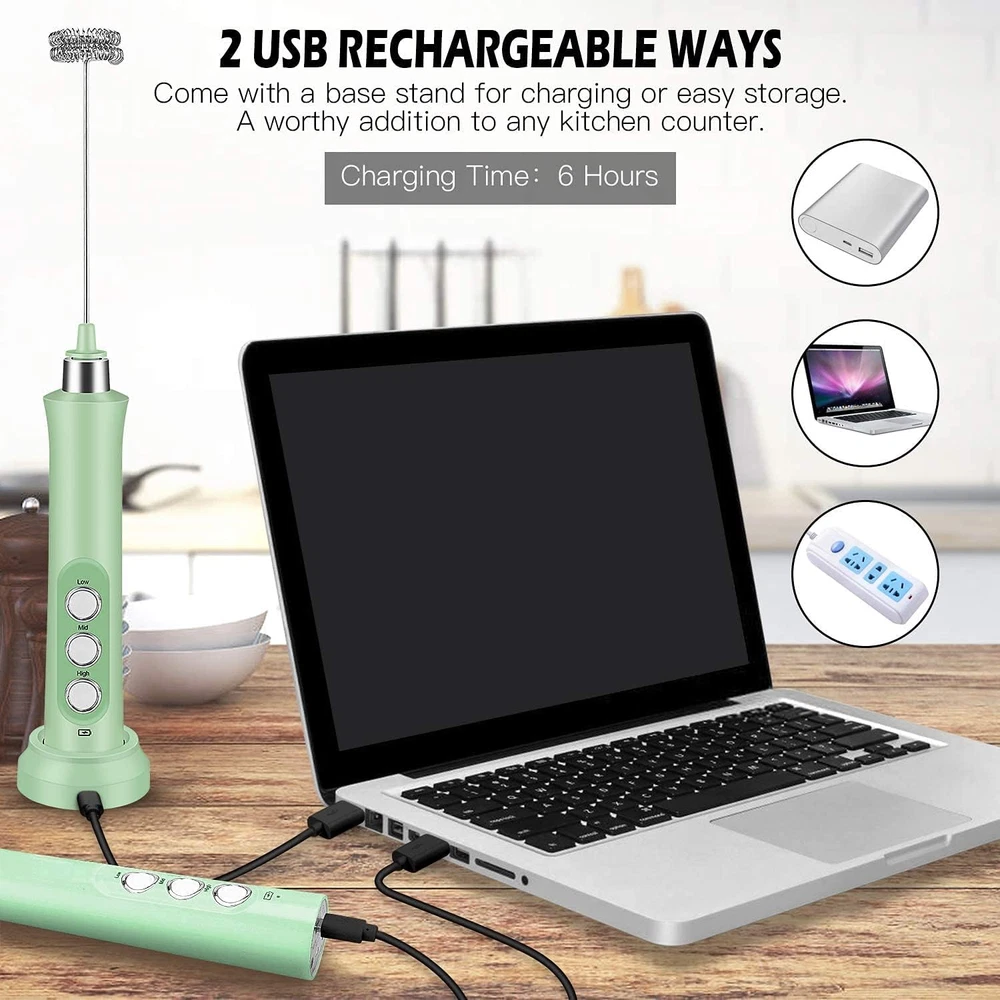 Milk Frother Quiet Hand Held Frother Whisk, USB Recharge Able 3 Speeds for Cappu