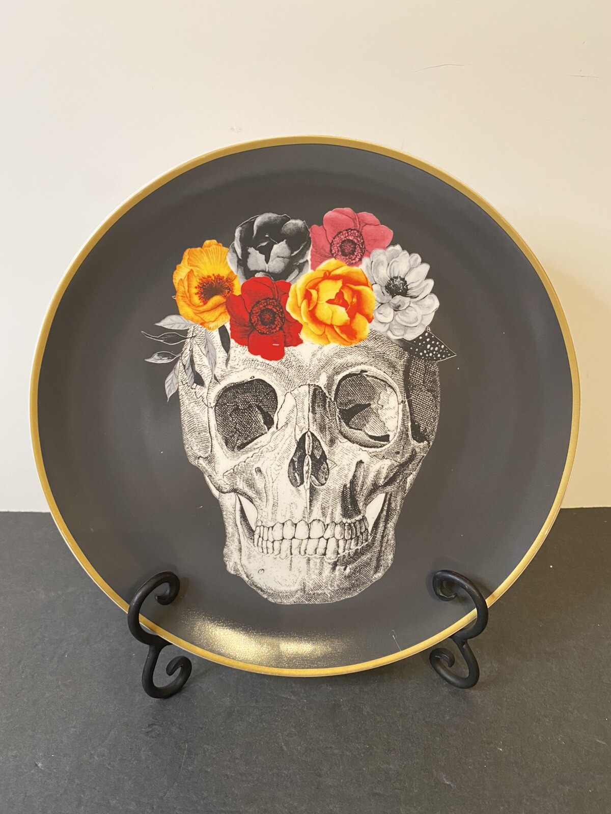 (2) Harvest Green Studio Halloween Skelton Skull w Roses 10.5” Dinner Plates