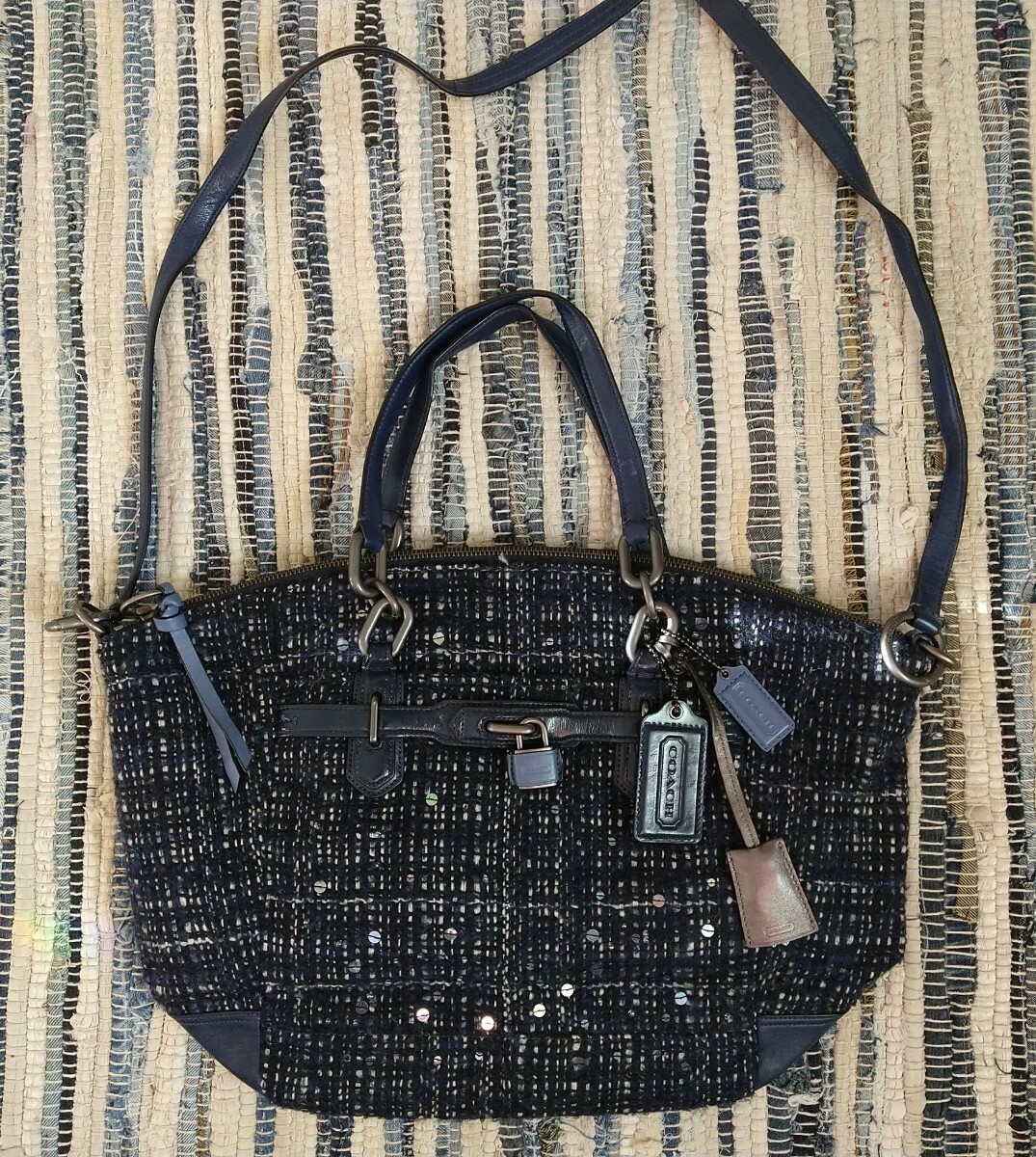 COACH ボディバッグ　ブラウン　ロゴデザイン Coach Chelsea Boucle Emerson, Convertible Satchel, Blue Tweed