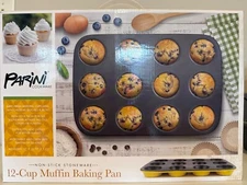 NEW  PARINI 12 CUP MUFFIN BAKING PAN NON STICK STONEWARE BRAND