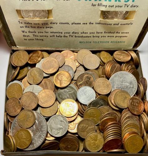 Tobacco Tin US Coin Collection: Copper Penny Nickel Dollar Wheat 90% Silver Lot - Picture 3 of 12